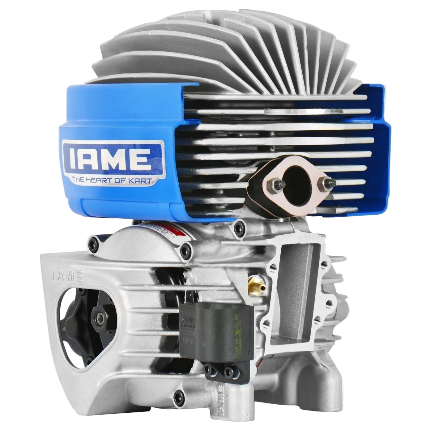 IAME Engine with blue and silver design on a white background